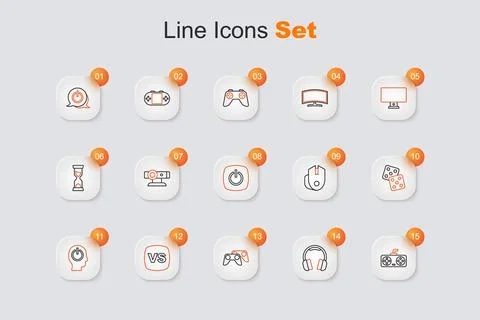 Set line Game controller or joystick, Headphones, VS Versus battle, Power b.. Illustrazione stock