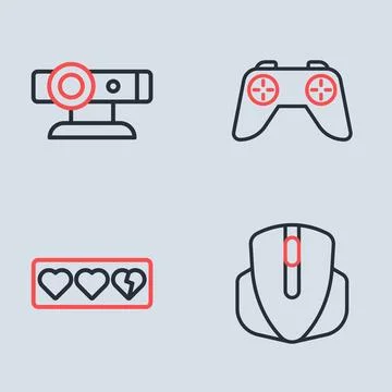 Set line Game controller or joystick, life bar, Computer mouse and Web came.. Stock Illustration