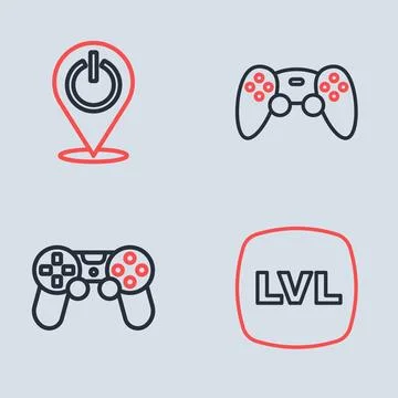 Set line Game controller or joystick, Level game and Power button icon. Vecto Ilustração Stock