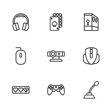 Set line Game controller or joystick, Computer mouse, Microphone, Web camer.. Stock Illustration