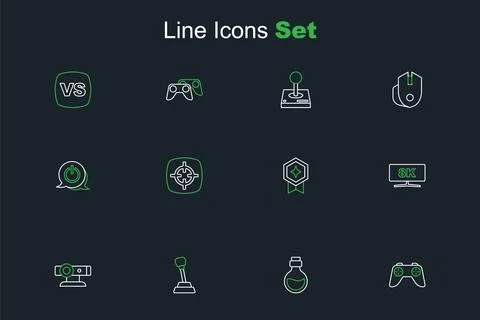 Set line Game controller or joystick, Bottle with magic elixir, Gear shifte.. 库存插图