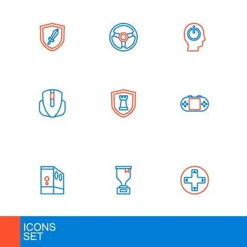 Set line Game controller or joystick, Award cup, Case of computer, Portable.. Stock Illustration