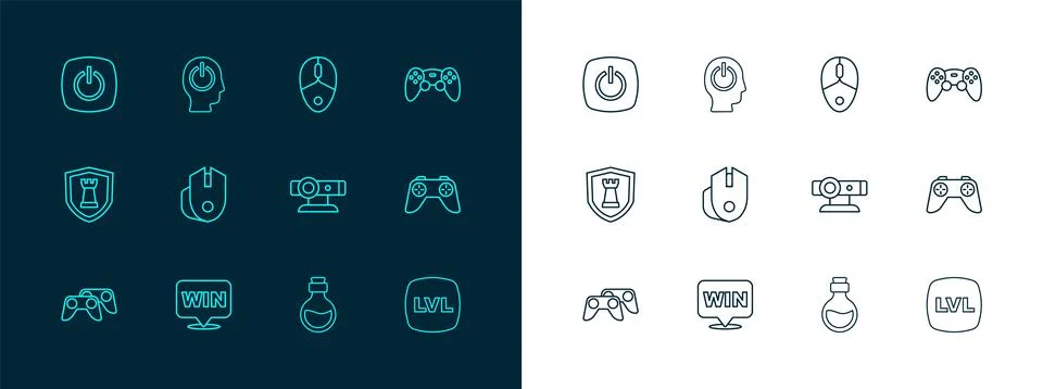Set line Game controller or joystick, Medal, Web camera, Bottle with magic .. Illustrazione stock