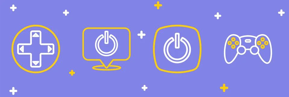 Set line Game controller or joystick, Power button,  and  icon. Vector Illustrazione stock
