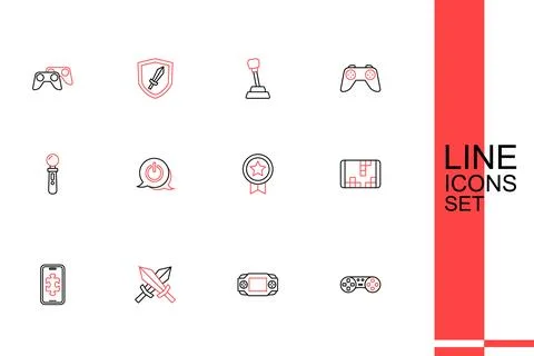Set line Game controller or joystick, Portable video game console, Sword fo.. 库存插图
