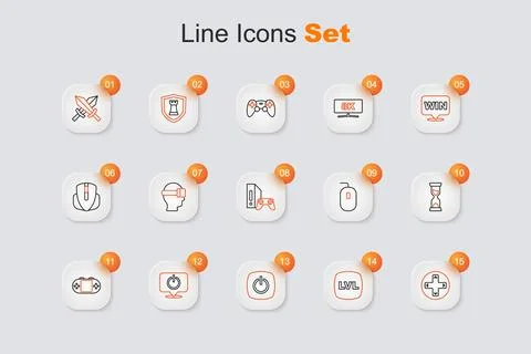 Set line Game controller or joystick, Level game, Power button, Portable vi.. Stock Illustration