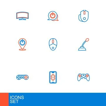 Set line Game controller or joystick, Mobile gaming, Microphone, Power butt.. Illustrazione stock