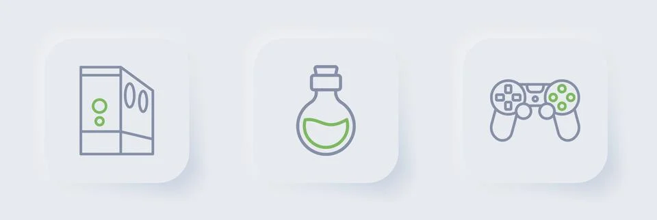 Set line Game controller or joystick, Bottle with magic elixir and Case of .. Stock Illustration