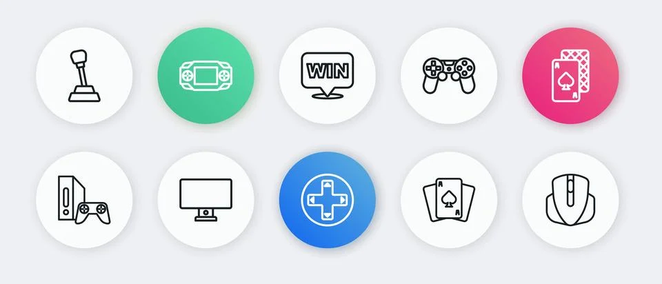 Set line Game controller or joystick, Playing cards, console with, Medal, C.. Stock Illustration