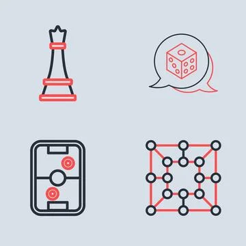 Set line Game dice, Air hockey table, Board game and Chess icon. Vector Stock Illustration
