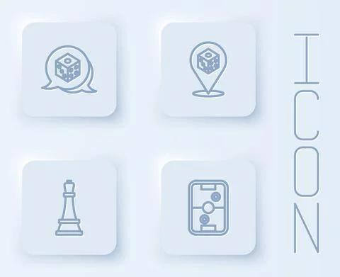 Set line Game dice, Chess and Air hockey table. White square button. Vector Stock Illustration
