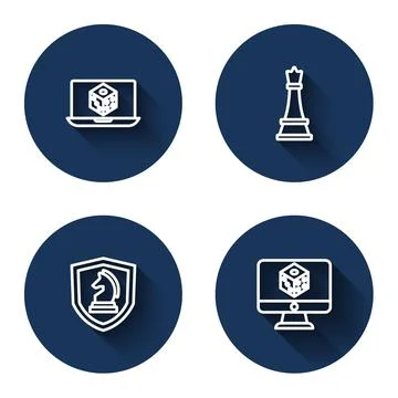 Set line Game dice, Chess, and with long shadow. Blue circle button. Vector Stock Illustration