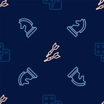 Set line Game dice, Chess and Dart arrow on seamless pattern. Vector Stock Illustration
