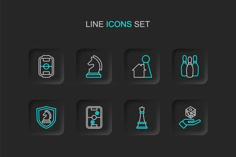 Set line Game dice, Chess, Air hockey table, Bowling pin, Chip for board ga.. Illustrazione stock