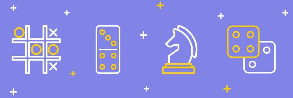 Set line Game dice, Chess, Domino and Tic tac toe game icon. Vector Stock Illustration