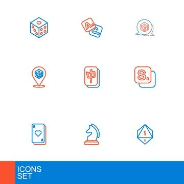 Set line Game dice, Chess, Playing cards, Bingo, Mahjong pieces,  and  icon.. Stock Illustration