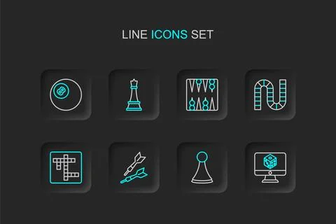 Set line Game dice, Chip for board game, Dart arrow, Crossword, Board, Back.. Stock Illustration