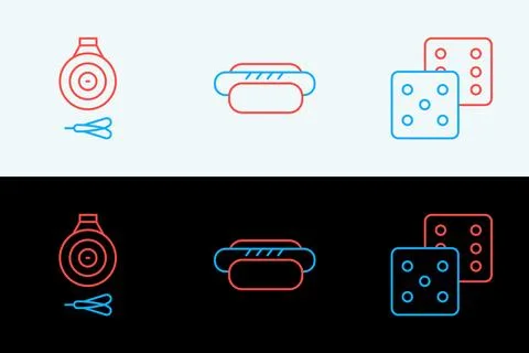 Set line Game dice, Classic dart board and arrow and Hotdog icon. Vector Stock Illustration