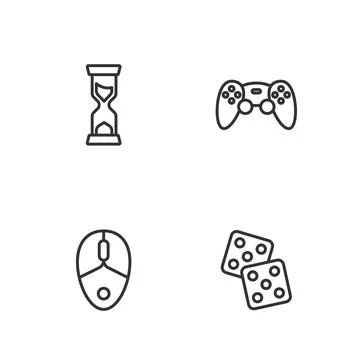 Set line Game dice, Computer mouse, Old hourglass and controller or joystick Stock Illustration