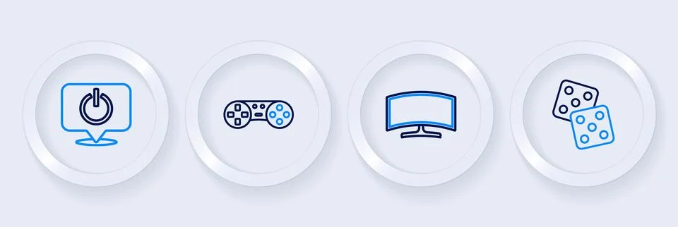 Set line Game dice, Computer monitor, controller joystick and Power button .. Illustrazione stock