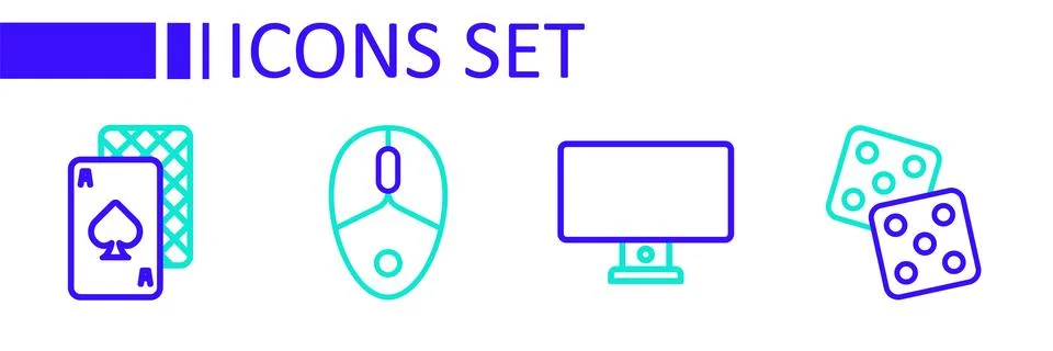 Set line Game dice, Computer monitor, mouse and Playing cards icon. Vector Stock Illustration