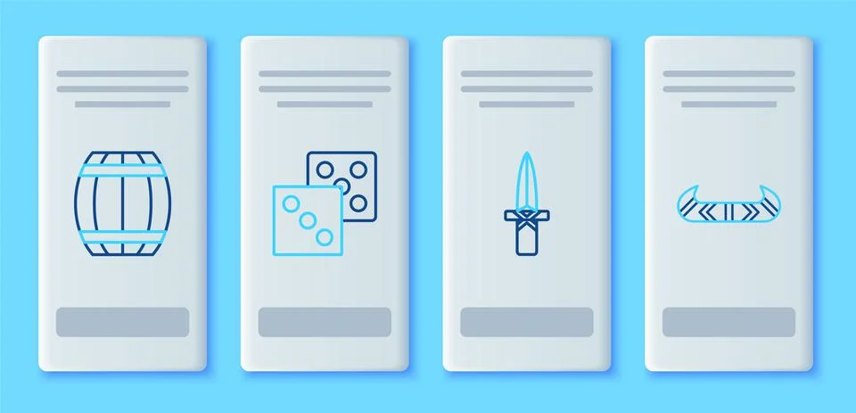 Set line Game dice, Dagger, Gun powder barrel and Kayak or canoe and paddle icon 스톡 일러스트