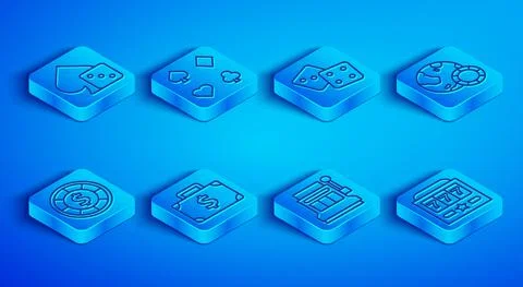 Set line Game dice, Deck of playing cards, Briefcase and money, Slot machine Stock Illustration