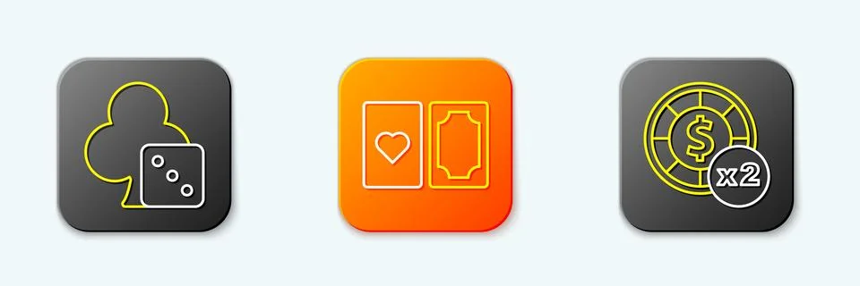 Set line Game dice, Deck of playing cards and Casino chips icon. Vector Stock Illustration