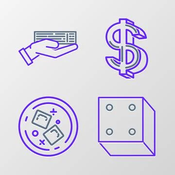 Set line Game dice, Glass of whiskey and cubes, Dollar symbol and Hand hold.. Stock Illustration