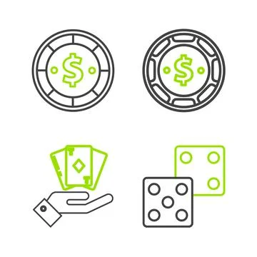Set line Game dice, Hand holding deck of playing cards, Casino chip with dollar Stock Illustration