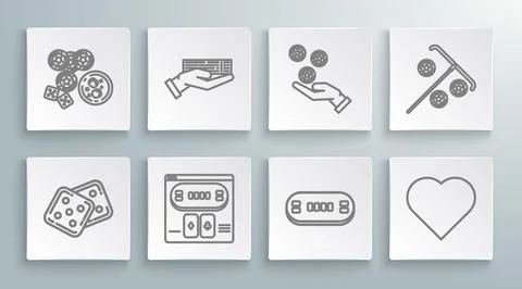 Set line Game dice, Hand holding deck of playing cards, Online poker table .. Stock Illustration