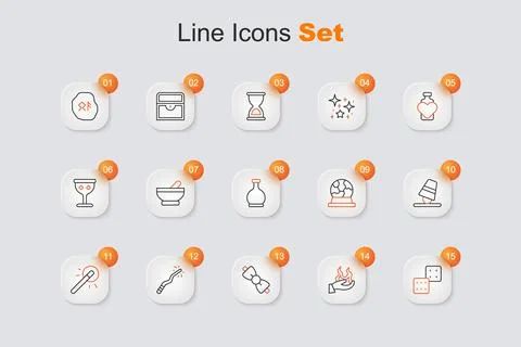 Set line Game dice, Hand holding fire, Bow tie, Magic wand, thimbles, ball .. Stock Illustration