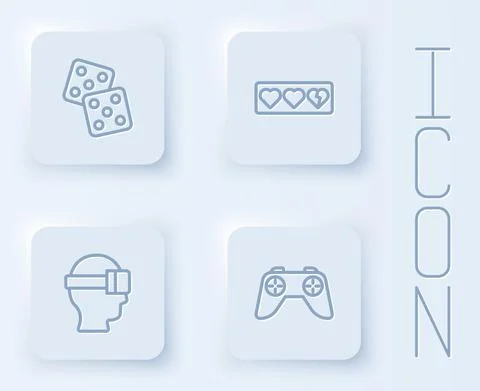 Set line Game dice, life bar, Virtual reality glasses and controller or joystick Illustrazione stock