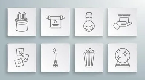 Set line Game dice, Magic scroll, Witches broom, Popcorn in box, ball, Bott.. Stock Illustration
