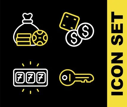 Set line Game dice, Old key, Slot machine with jackpot and Money bag icon. Ve Stock Illustration