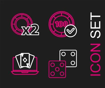 Set line Game dice, Online poker table game, Casino chips and icon. Vector Stock Illustration