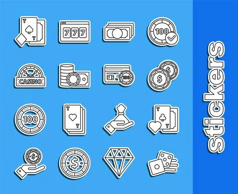 Set line Game dice, Playing card with clubs symbol, Casino chip dollar, Stacks Stock Illustration