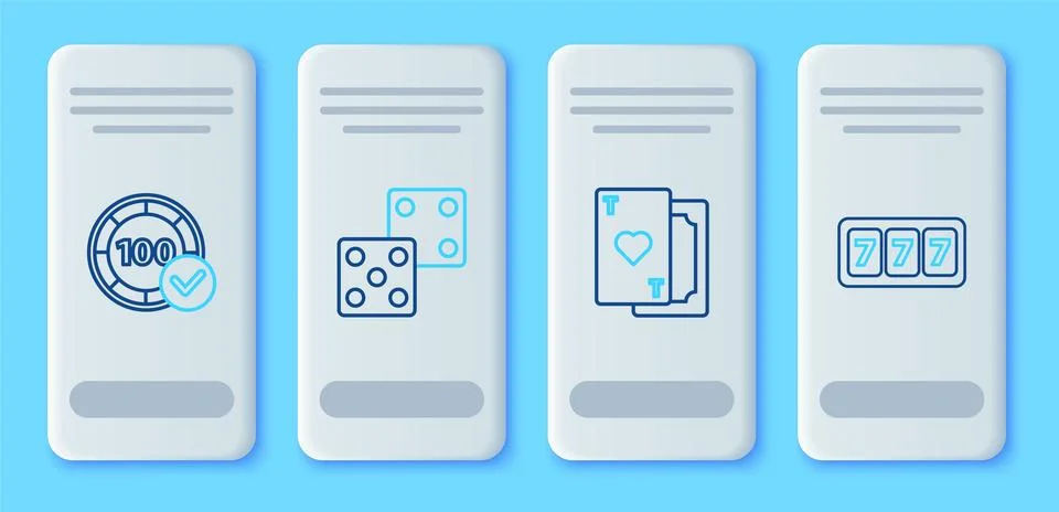 Set line Game dice, Playing card with heart, Casino chips and Slot machine .. Stock Illustration