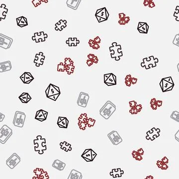 Set line Game dice, Puzzle pieces toy, Mahjong and on seamless pattern. Vector Stock Illustration