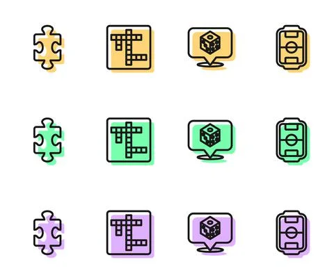 Set line Game dice, Puzzle pieces toy, Crossword and Table football icon. Vector Stock Illustration