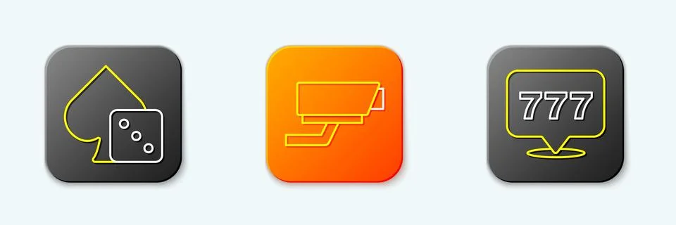 Set line Game dice, Security camera and Slot machine with jackpot icon. Vecto Stock Illustration