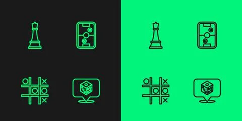 Set line Game dice, Tic tac toe game, Chess and Air hockey table icon. Vector Illustrazione stock
