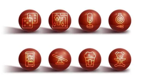 Set line Game dice, Vending machine, Classic dart board and arrow, Popcorn box Stock Illustration