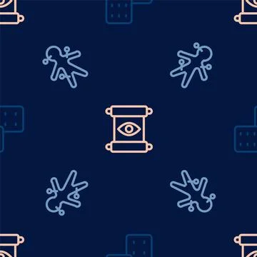 Set line Game dice, Voodoo doll and Magic scroll on seamless pattern. Vector Stock Illustration