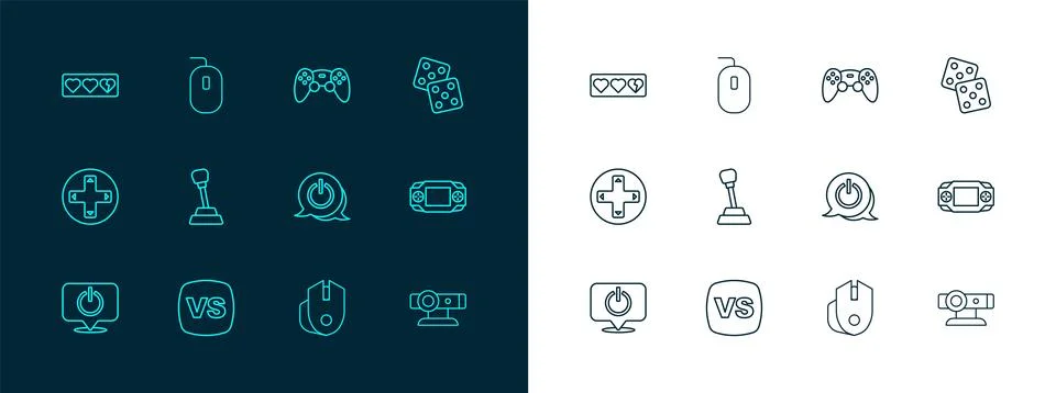 Set line Game dice, VS Versus battle, Power button, Computer mouse, Gear sh.. Stock Illustration