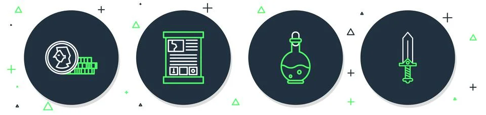 Set line Game guide, Bottle with magic elixir, Coin for game and Sword icon Stock Illustration