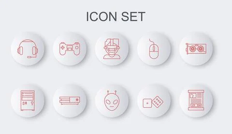 Set line Game guide, Computer, Virtual reality glasses, dice, Headphones Stock Illustration