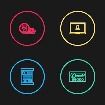 Set line Game guide, Create account screen, Laptop and Coin for game icon Stock Illustration