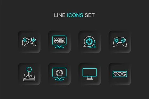 Set line Game life bar, Computer monitor, Power button, Joystick for arcade.. Illustrazione stock
