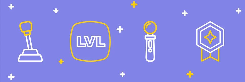 Set line Game rating with medal, VR controller game, Level and Gear shifter.. Stock Illustration